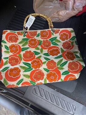 Floral Canvas Hobo Bag with Bamboo Handles - Orange & Cream